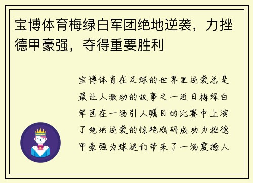 宝博体育梅绿白军团绝地逆袭，力挫德甲豪强，夺得重要胜利